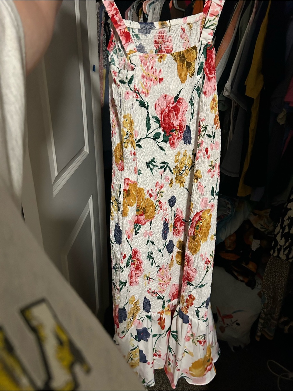 Floral Smocked Maxi Skirt - White with Pink & Mustard Floral